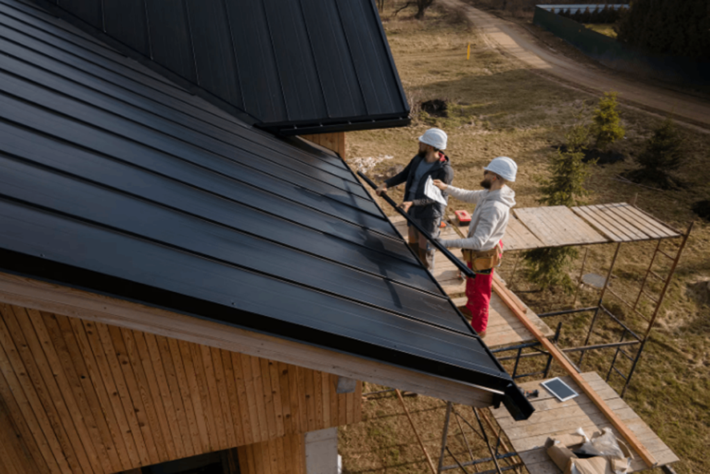 Workers inspecting the roof’s condition.